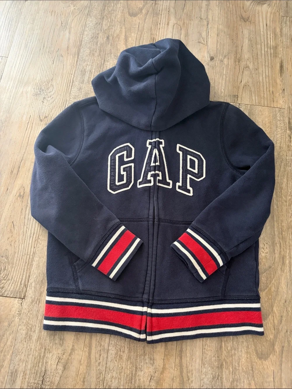 GAP Kids Navy Zip-Up Hoodie with Red & White Stripe Trim